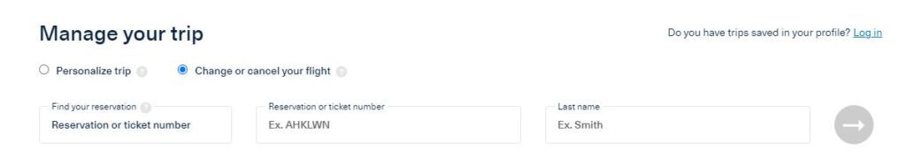 A screenshot of the Manage your trip screen for making flight changes online at Aeromexico