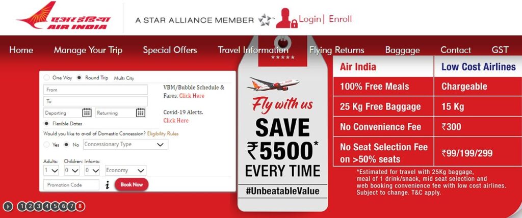 Air India online flight booking functionality