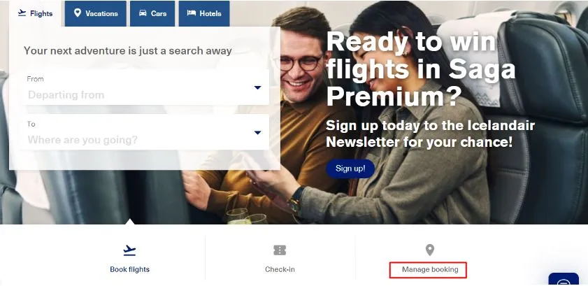 A screenshot of Icelandair’s Manage booking option used for changing flights online