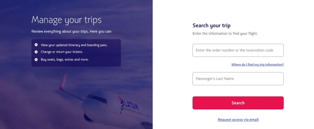 A screenshot of LATAM’s Manage your trips page used to change your flight