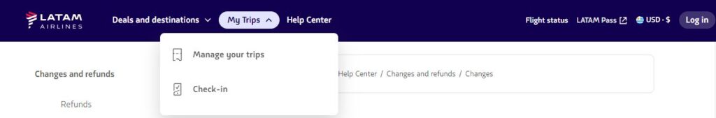 A screenshot of LATAM’s My Trips option used to make flight changes online