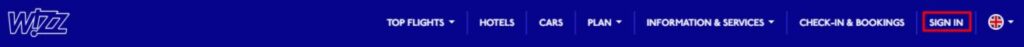 Wizz Air’s Sign In menu option