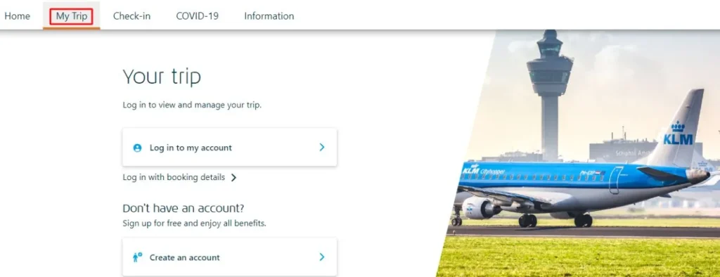 A screenshot of KLM’s Your Trip section used to change flights online