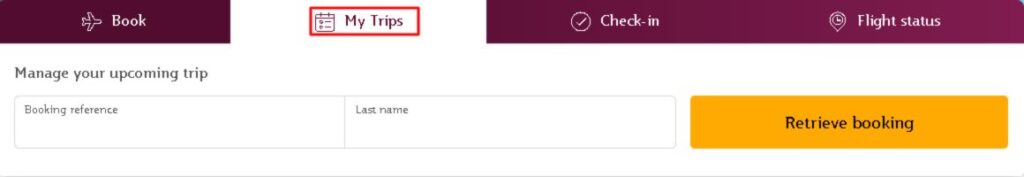 A screenshot of Qatar Airways My Trips tab used to purchase baggage online