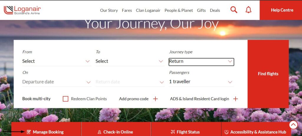 A screenshot of Loganair Manage Booking link on the airline’s homepage.