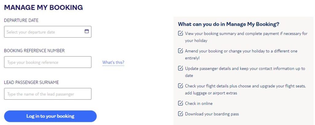 A screenshot of the Manage My Booking page.