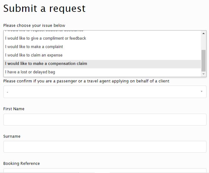 A screenshot of Loganair’s Compensation Request Form. Source: Loganair.co.uk